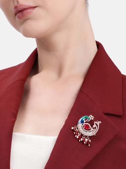 Estele - Rosegold Finish Ruby Cz Swan and Peacock Designer Brooch