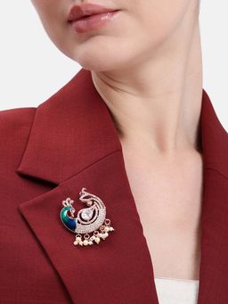 Estele - Rosegold Plated White Cz Swan and Peacock Designer Brooch Pin
