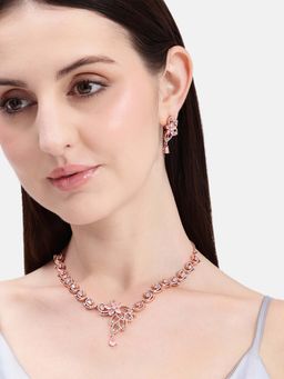 Estele - Rosegold Mint Pink Cz Flower Motif Necklace Set