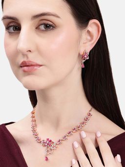 Estele - Rosegold Plated Ruby Cz Floral Necklace Set