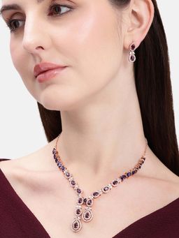 Estele - Luxe Crystal Drop Rosegold Plated with Purple Cz Necklace Set