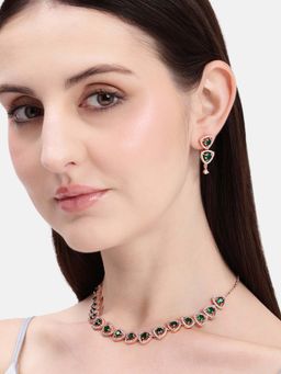 Estele - Geometric Halo Motif Rosegold Plated Green Cz Necklace Set