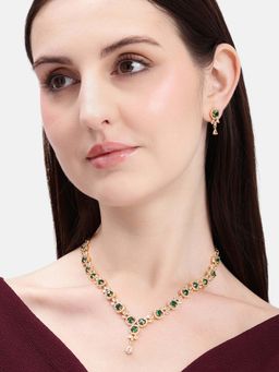 Estele - Elegant Floral Link Gold Plated Emerald Green Cz Necklace Set