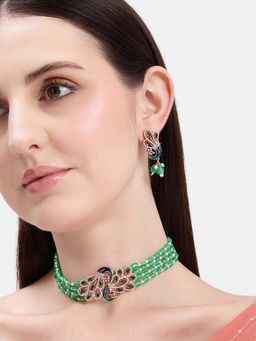 Estele - Morbagh Glamorous Green Beaded Statement Cz Choker Set