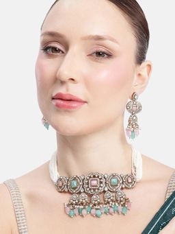 Estele - Gold Plated Mint Pink and Mint Green Kundan Polki Choker Set