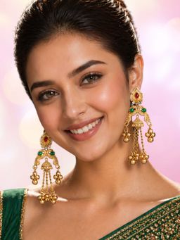 OOMPH - Gold Heritage Peacock Design with Ghungroo Detailing Kashmiri Drop Earrings