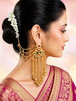OOMPH - Gold Heritage Hair Kaan Chain Ghungroo Detailing Kashmiri Drop Earrings