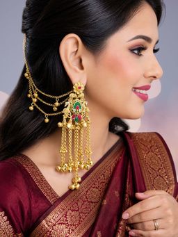 OOMPH - Gold Heritage Hair Kaan Chain Ghungroo Detailing Kashmiri Drop Earrings
