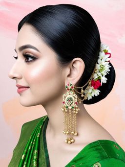 OOMPH - Gold Heritage Hair Kaan Chain Ghungroo Detailing Kashmiri Drop Earrings