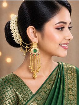 OOMPH - Green Heritage Hair Kaan Chain Ghungroo Detailing Kashmiri Drop Earrings