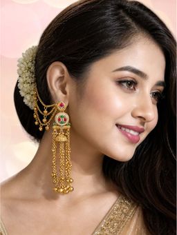OOMPH - Gold Heritage Hair Kaan Chain Ghungroo Detailing Kashmiri Jhumkas