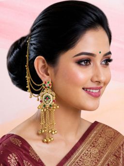 OOMPH - Gold Heritage Hair Kaan Chain Ghungroo Detailing Kashmiri Drop Earrings