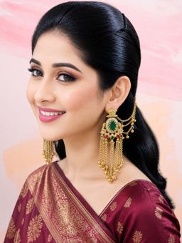OOMPH - Green Heritage Hair Kaan Chain Ghungroo Detailing Kashmiri Drop Earrings