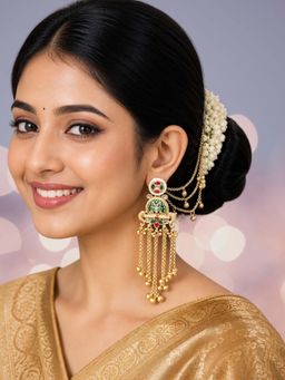 OOMPH - Gold Heritage Hair Kaan Chain Ghungroo Detailing Kashmiri Drop Earrings