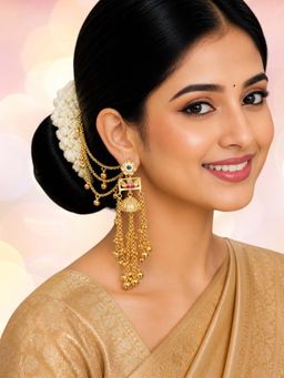 OOMPH - Gold Heritage Hair Kaan Chain Ghungroo Detailing Kashmiri Jhumkas