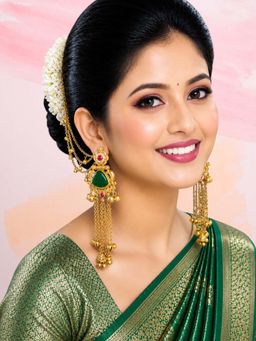 OOMPH - Hair Kaan Chain Ghungroo Detailing Long Kashmiri Drop Earrings