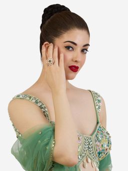 Zaveri Pearls - Green Dazzling Cubic Zirconia Contemporary Brass Ring