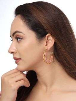 Yellow Chimes - Peach-Coloured and Gold Plated Stone Studded Hoop Earrings
