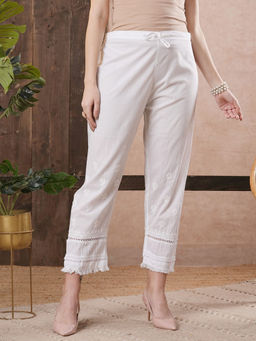 ADA - Hand Embroidered Chikankari Crochet Lace White Cotton Pant