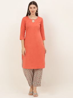 Laado - Women Peach Coloured Pleated Pure Cotton Kurti with Trousers (Set of 2)