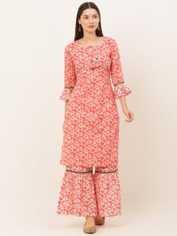 Laado - Women Pink Floral Printed Pure Cotton Kurti with Skirt (Set of 2)
