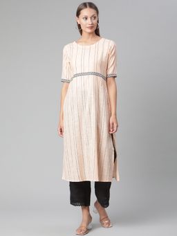 Laado - Peach Striped Thread Work Handloom Cotton Kurta