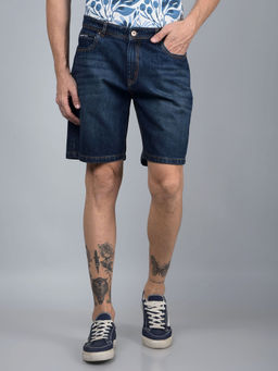 CRIMSOUNE CLUB - Men Navy Blue Pure Cotton Denim Shorts