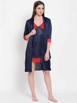 Clovia - Short Night Dress & Robe In Navy Blue Satin (Set of 2)