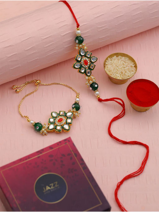 Aatmana Floral Red & White Kundan Studded Rakhi with Roli & Chawal (Set of 2)