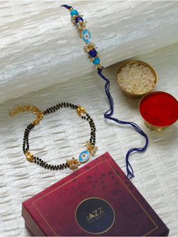Aatmana - Blue Evil Eye & Pearl Beaded Bhaiya Bhabhi Rakhi with Roli & Chawal (Set of 2)