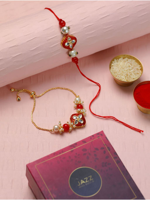 Aatmana Red Stone & Pearl Rakhi with Roli & Chawal (Set of 2)