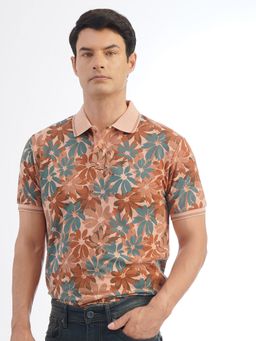 Greenfibre - Mens Peach Poly Cotton Slim Fit Floral Polo T-Shirt