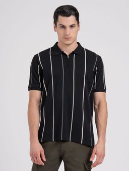 Red Tape - Mens Black Pure Cotton Vertical Stripe Polo T-Shirt