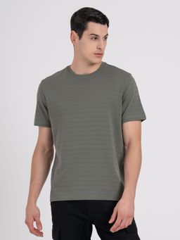 Red Tape - Mens Dusky Olive Cotton Horizontal Stripe T-Shirt
