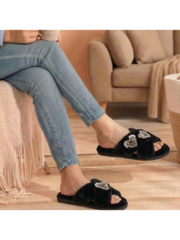 RETTROSE - The Katie Black Luxury Plush Diamante Embellished Slippers