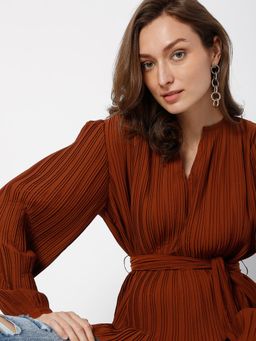 VERO MODA - Women Pleated Brown Tie-Up Full Sleeve Top (Set of 2)