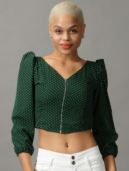 SHOWOFF - Womens Long Sleeves V-Neck Green Polka Dot Top