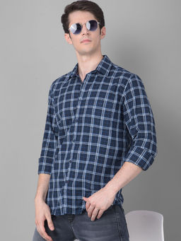 CRIMSOUNE CLUB - Men's Navy Blue Checked Shirt