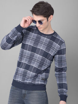 CRIMSOUNE CLUB - Men's Navy Blue Checked Sweatshirt