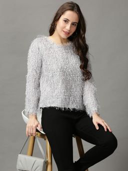 SHOWOFFFF - Womens Scoop Neck Self Design Grey Regular Top