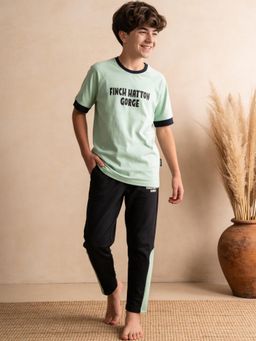 Lil Tomatoes - Boys Cotton Green Typography Print Summer Night Suits