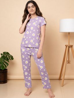 Lil Tomatoes - Girls Cotton Lavender Half Sleeve Floral Print Summer Pyjama Set