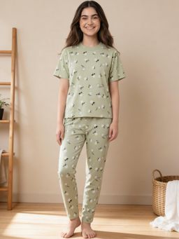 Lil Tomatoes - Girls Cotton Olive Half Sleeve Floral Print Summer Pyjama Set