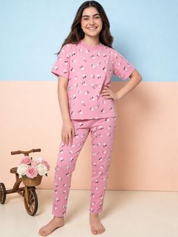 Lil Tomatoes - Girls Cotton Pink Half Sleeve Floral Print Summer Pyjama Set