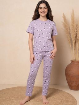 Lil Tomatoes - Girls Cotton Purple Half Sleeve Floral Print Summer Pyjama Set