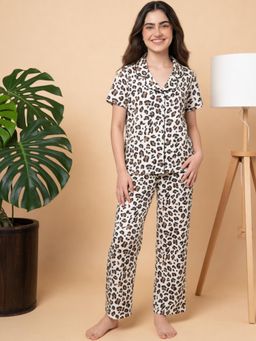 Lil Tomatoes - Girls Cotton Cream Half Sleeve Leopard Animal Print Summer Pyjama Set
