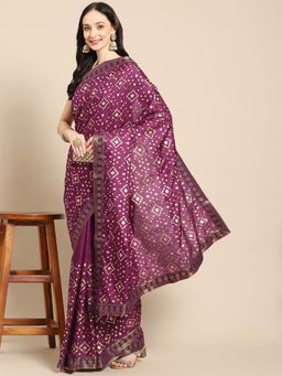 Odette - Purple Silk Printed Saree with Unstitched Blouse
