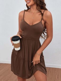 Outzidr - Brown Strappy V-Neck Skater Dress
