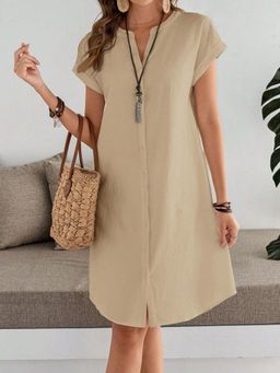 Outzidr - Khaki Button Down Shirt Dress