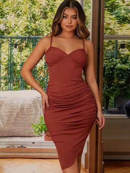 Outzidr - Brown Strappy Ruched Bodycon Dress